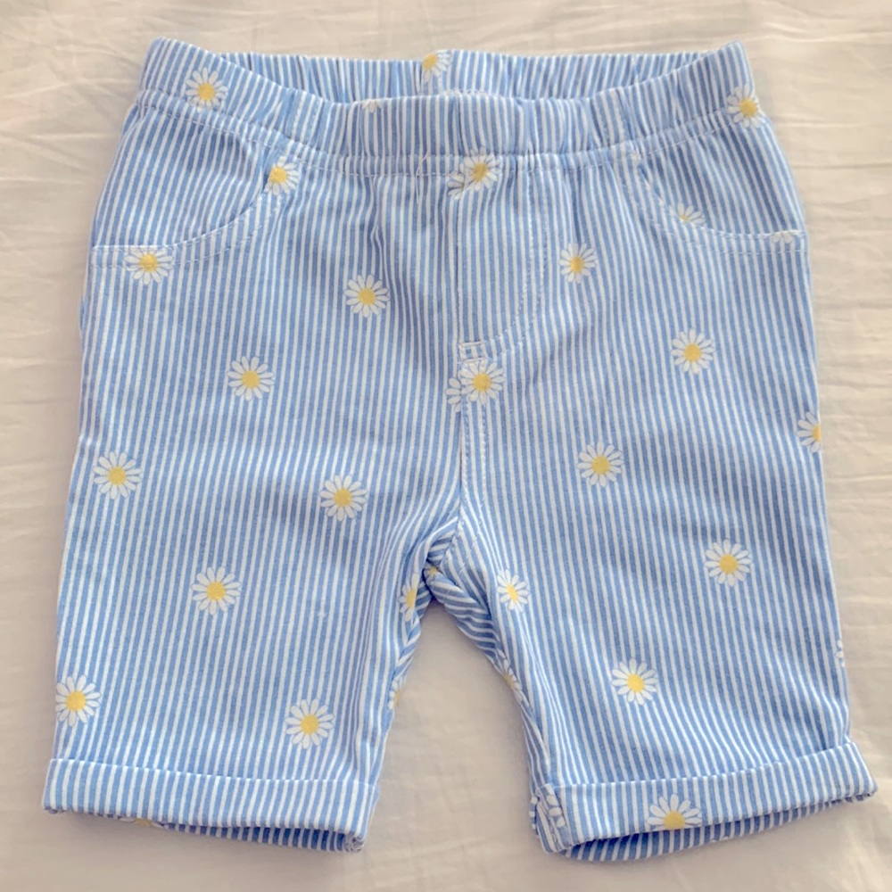 Toddler Girl Daisy Shorts with Blue & White Stripes